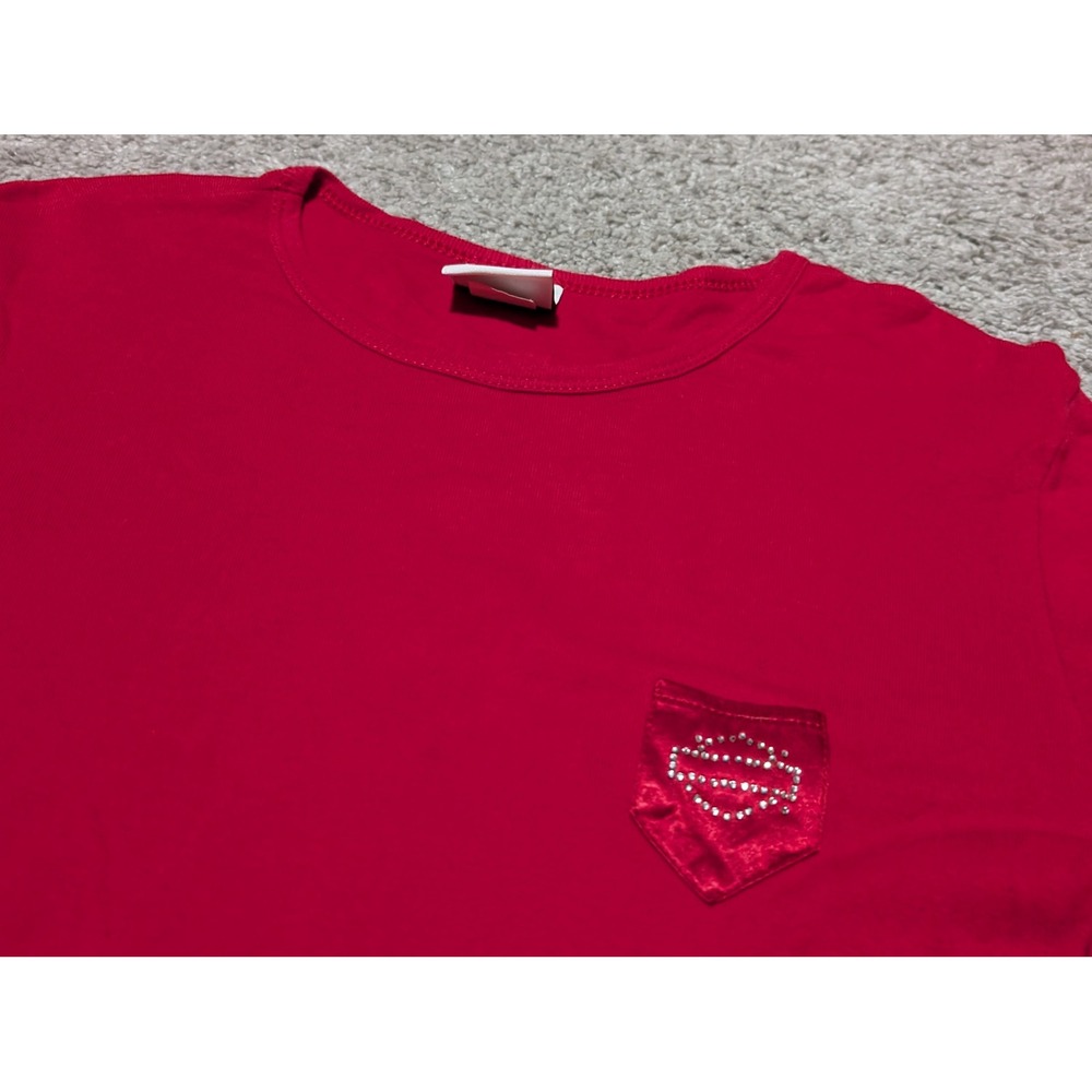 Harley-Davidson Shirt Womens L Red Long Sleeve Rhinestone Logo Roeder Ohio Biker - Picture 2 of 8